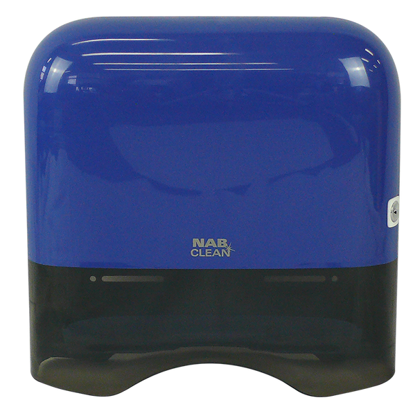 Blue and black hand dryer with 'NAB Clean' branding on a white background