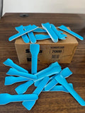 Blue disposable paper ice cream spoons scattered on a cardboard box with a reorder code on a wooden surface.