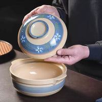 Japanese Ceramic Earthen Clay Pot Donabe Cooking Blue Floral 27cm Hand Made 3.3Lt Casserole Stew Soup
