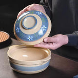Japanese Ceramic Earthen Clay Pot Donabe Cooking Blue Floral 27cm Hand Made 3.3Lt Casserole Stew Soup