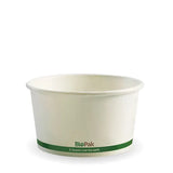A white Biopak disposable bowl with a green and black bio-friendly label on the front.