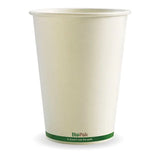 A white Biopak BioBowl with a green stripe, indicating it is a compostable and recyclable product.
