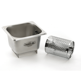 Stainless steel butter spreader pot and perforated metal basket on a white background
