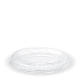 A flat clear plastic lid for a Biopak BioCup.