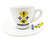 Cup and saucer with Calabria branding and yellow logo