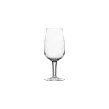 A clear glass wine glass taster 215ml with a wide, gently tapered bowl and a slender stem, centered on a plain white background.