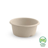 Beige bowl 60ml sugarcane disposable  with 'No PFAS Added' label on a white background