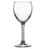A clear stemmed wine glass with a wide bowl. 