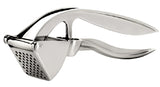 Metallic garlic press on a white background