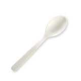 A single white PLA compostable tea spoon against a white background.