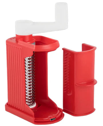 Red cheese grater with a white handle on a white background