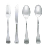 Set of silver cutlery including a fork, knife, and two spoons on a white background
