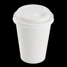 White disposable coffee cup with a lid on a black background