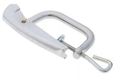 Metal C-clamp with white handle on a white background