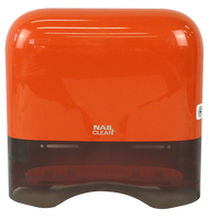 Orange and black ABS Plastic hand towel dispener with 'Nab Clean' branding on a white background
