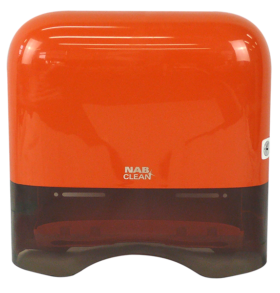 Orange and black ABS Plastic hand towel dispener with 'Nab Clean' branding on a white background