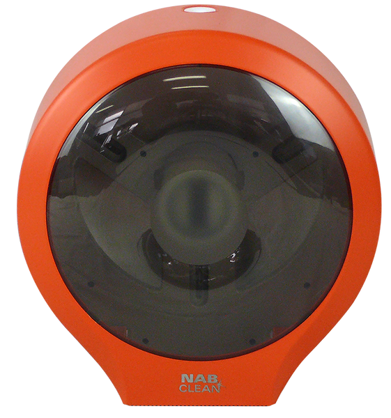 Orange and black single jumbo toilet roll holder with 'Nab Clean' branding on a white background
