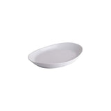 A white oval ceramic serving platter with a shallow depth, shown from a top-down perspective on a solid white background.
