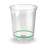 Clear plastic cup with a green BioPak logo on a white background
