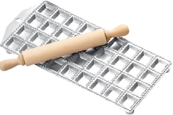 Aluminum mold for Ravioli with square cavities and a wooden rolling pin 