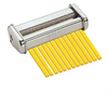 Pasta roller with yellow pasta sheets on a white background