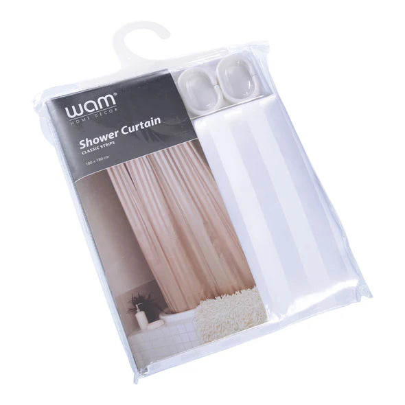 WAM shower curtain packaging on a white background