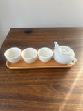 Teapot & Cup Set Ceramic White Crockery With Dorf Wooden Tray 314a/74870