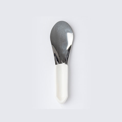 stainless steel ice cream spatula with white handle 