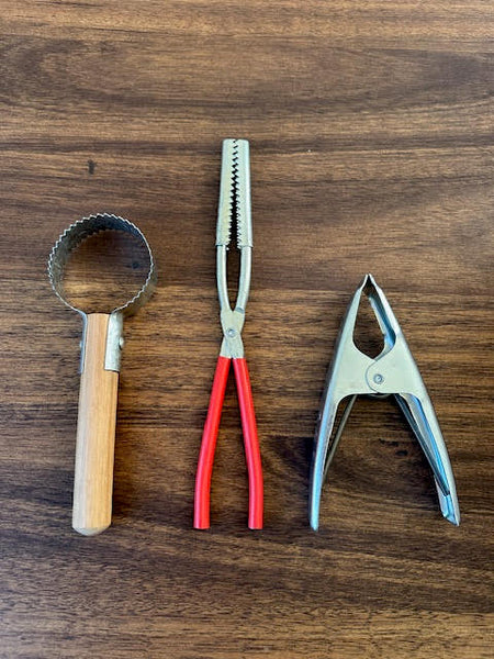 Three kitchen tools on a wooden surface: Fish scaler, Medium Spring Clamp and Loose Gripper