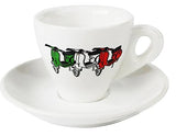 White coffee cup and saucer with Vespa scooters design on a white background