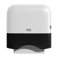White and black paper towel dispenser with 'Nab Clean' branding on a white background