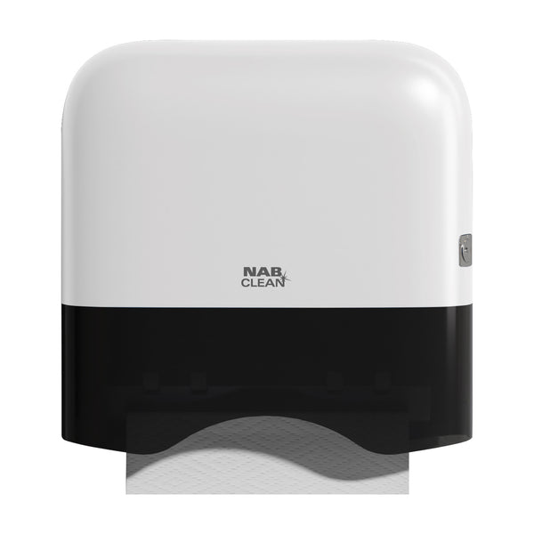 White and black paper towel dispenser with 'Nab Clean' branding on a white background