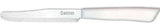 A stainless steel serrated knife with a white plastic handle