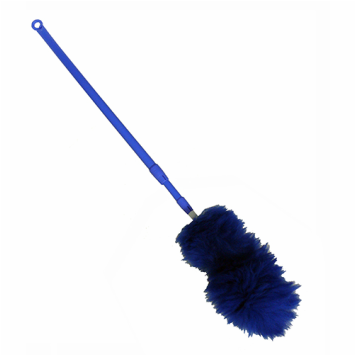 A blue extendable wool duster for cleaning