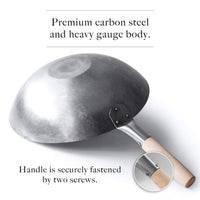 Cooking Wok Carbon Steel One Handle Wood 14"35cm Flat Base
