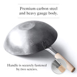Cooking Wok Carbon Steel One Handle Wood 14"35cm Flat Base