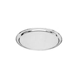 A round stainless steel serving tray with a rolled edge.