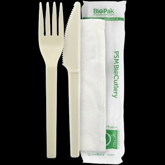 Biopak Knife , Fork & Napkin Set  15cm/ 6" Bx 1000 GD-GF-B