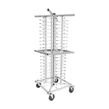 A stainless steel plate stacking trolley with multiple arms designed to hold plates and bowls, mounted on wheels for easy movement.
