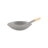 Cooking Wok Carbon Steel One Handle Wood 14"35cm Flat Base