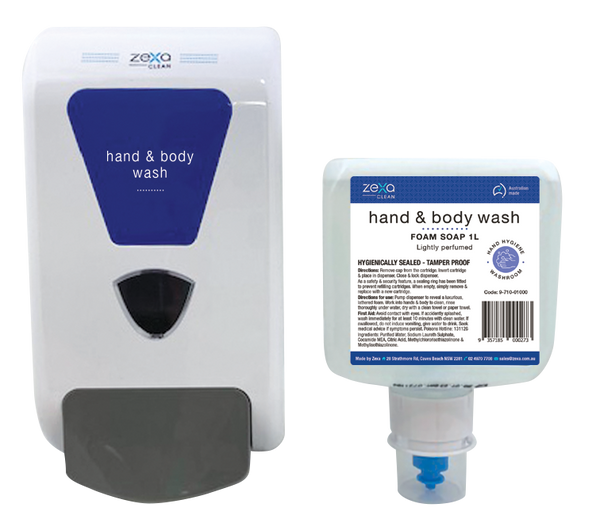 Zexa Foaming Hand and Body Wash 1lt Refill Cartridge.  BUY 6 AND RECEIVE A FREE DISPENSER