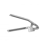 A silver aluminum garlic press with a hopper and two handles.