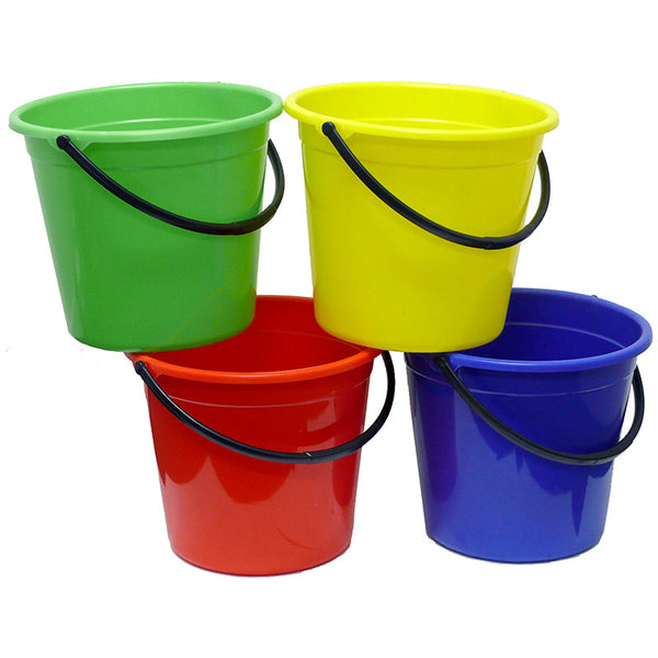 A set of two plastic buckets in green and yellow, with handles.