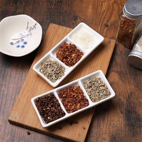 white ceramic 3 divider dish sauce and dips 